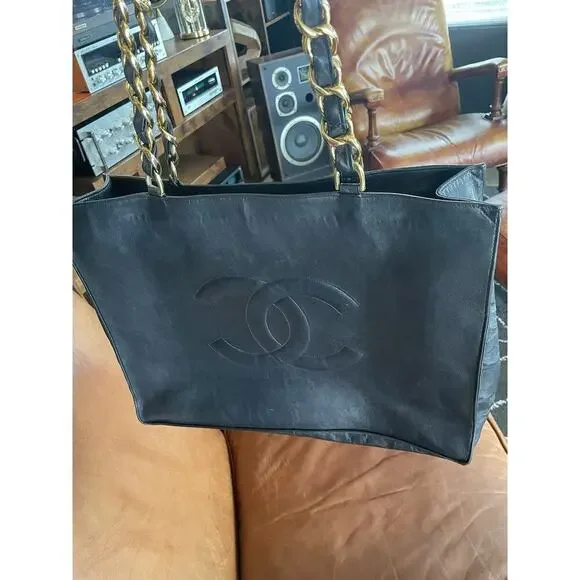 CHANEL 1994 VINTAGE BLACK 24K GOLD CHUNKY CHAIN CLASSIC CC LEATHER TOTE BAG - Picture 13 of 16